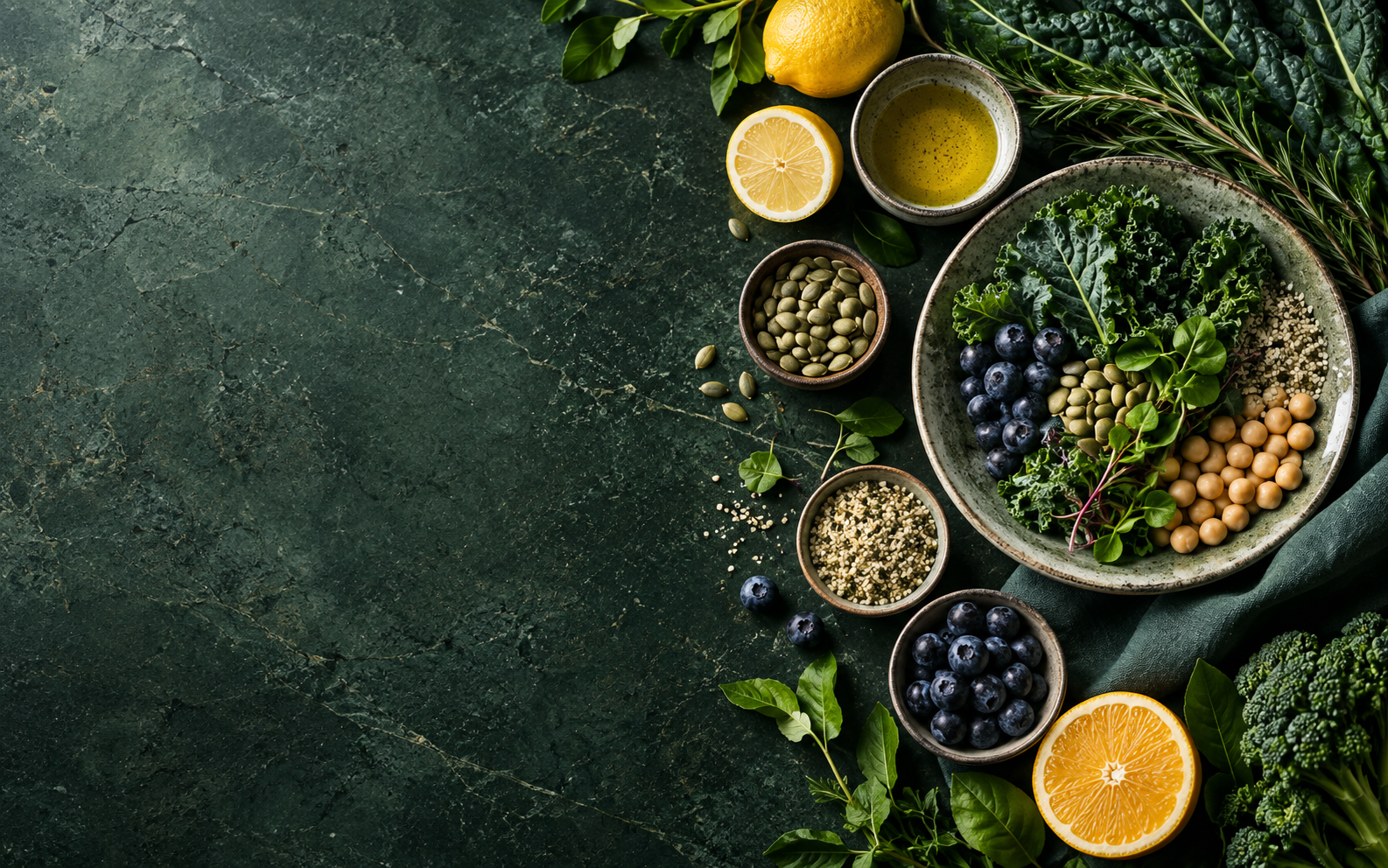 Fresh greens, citrus, blueberries, seeds, and chickpeas